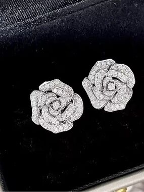 Silver Crystal Rose Stud Earrings - Elegant Floral Jewelry - new